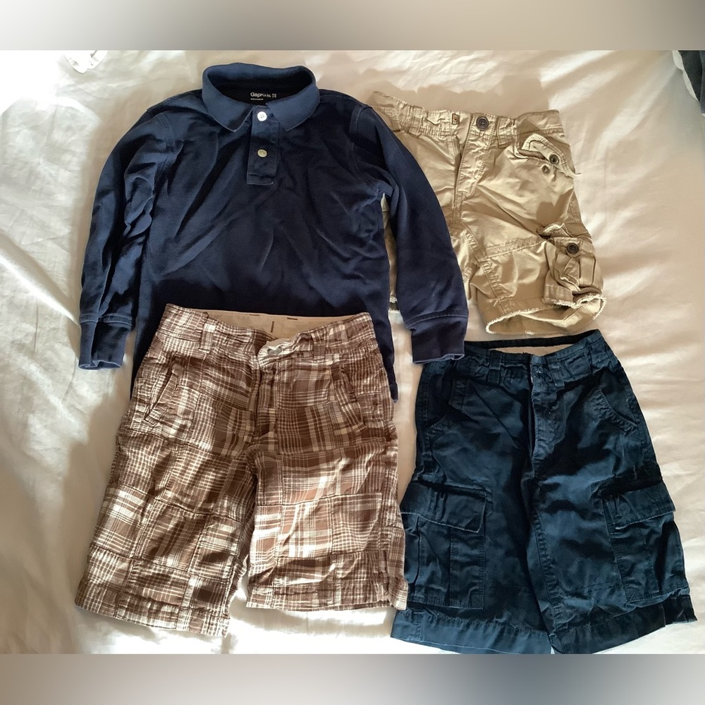 Gap Kids lot 4T Long Sleeve Blue Polo and 3 Pairs Cargo & Madras Plaid shorts